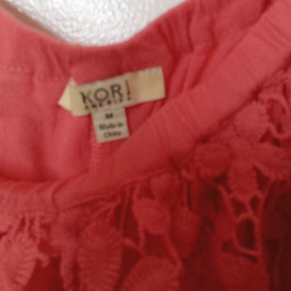 Kori America Women's. Orange short sleeve top with Crochet overlay. Medium - Picture 2 of 8